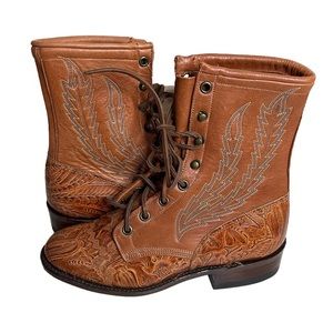 LARRY MAHAN Tooled Leather Boots Lace Up Lacers Ropers Prairie Size 5.5 NEW